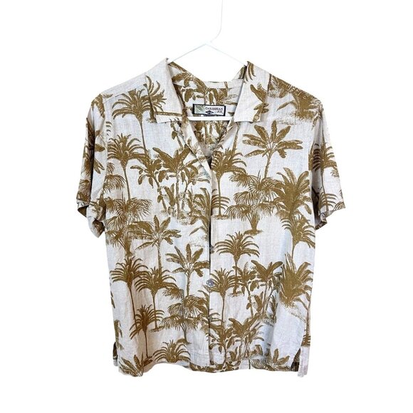 Carribean Joe Womens Tan Tropical Palm Tree Short Sleeve Linen Top Shirt Medium - Picture 1 of 6